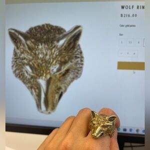 Hand crafted gold brass Wolf Head Ring, size 7, made in LA